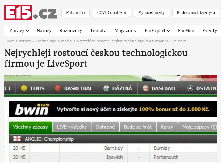 E15.cz article: Livesport is the fastest growing Czech tech company